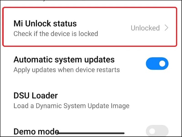 Chọn Trạng thái mở khóa Mi (Mi Unlock Status)